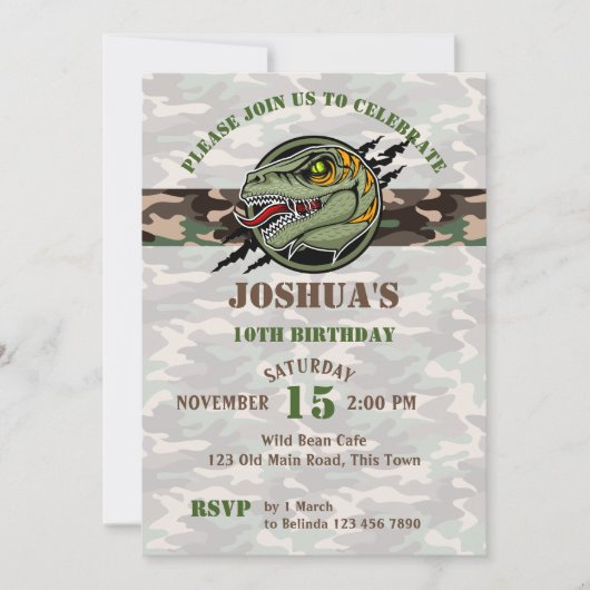 恐竜の誕生日ラプター軍の迷彩傷 招待状 (正面)