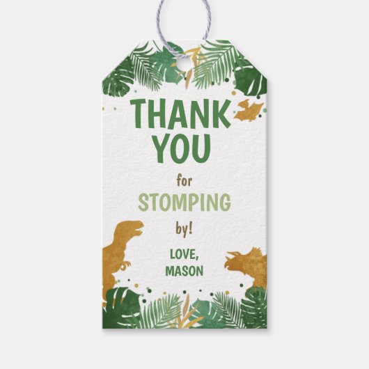 恐竜の誕生日ラベルボーディノパーティーグリーン金ゴールド ギフトタグ (正面)