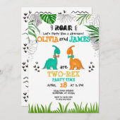 恐竜の誕生日任意の年齢ツインズパーティー水色 招待状 (正面/裏面)