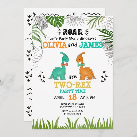恐竜の誕生日任意の年齢ツインズパーティー水色 招待状 (正面/裏面)