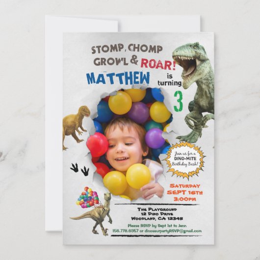 恐竜の誕生日写真の招待カラフル 招待状 (正面)
