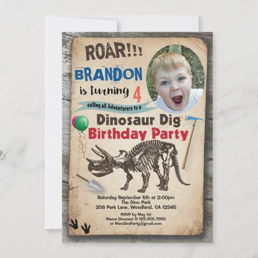 恐竜の誕生日写真の招待リアル 招待状 (正面)
