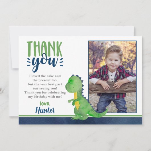 恐竜の誕生日写真サンキューカード 招待状 (正面)