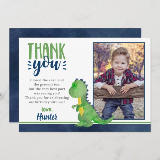 恐竜の誕生日写真サンキューカード 招待状 (正面/裏面)