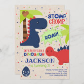 恐竜の誕生日招待状のための男の子 招待状 (正面/裏面)