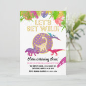 恐竜の誕生日招待状 ガールの誕生日 パープル 招待状 (スタンド正面)