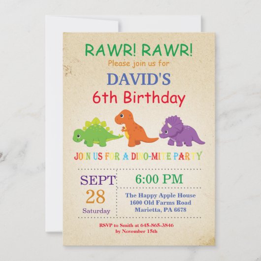 恐竜の誕生日招待状　恐竜パーティー 招待状 (正面)