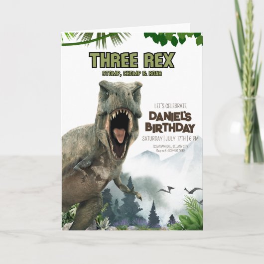 恐竜の誕生日招待状 3頭のティラノサウルスの招待状 招待状 (正面)