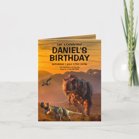 恐竜の誕生日招待状、T REX 子供の誕生日 招待状 (正面)
