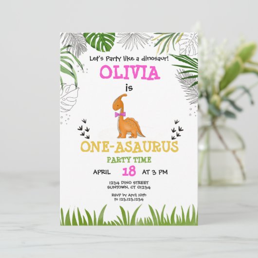 恐竜の誕生日水色ピンクのオレンジ色の緑 招待状 (スタンド正面)