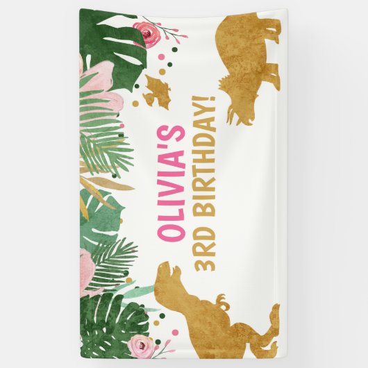 恐竜の誕生日背景ディノバナーサファリピンク 横断幕 (縦)