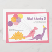 恐竜の誕生日風船 ピンク パープル パーティー 招待状 (正面/裏面)