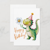 恐竜の誕生日 ダイシーとパーティー帽子付き サンキューカード (正面/裏面)