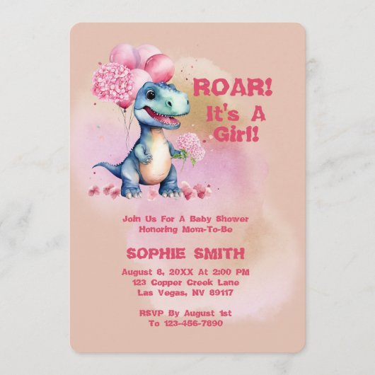 恐竜の赤ちゃんが生まれた！ ガール T-Rex 赤ちゃん恐竜 ピンク 招待状 (正面)