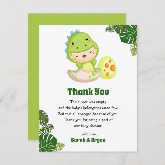 恐竜の赤ちゃんシャワーサンキューカード サンキューカード (正面/裏面)