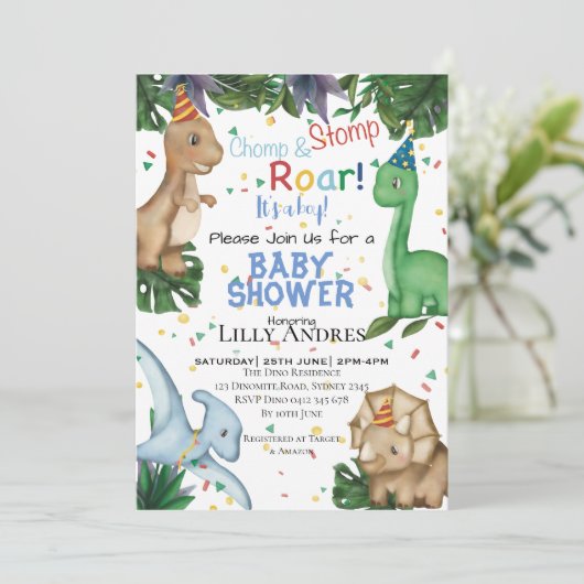 恐竜の赤ちゃんシャワーパーティー | Stop Chomp Roar! 招待状 (スタンド正面)