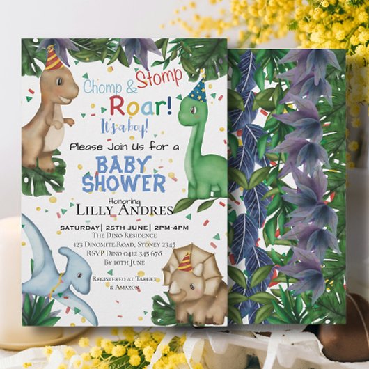 恐竜の赤ちゃんシャワーパーティー | Stop Chomp Roar! 招待状