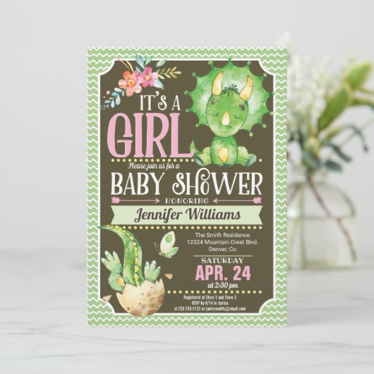 恐竜の赤ちゃんシャワー招待状ガールグリーン&ピンク 招待状 (スタンド正面)