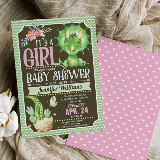 恐竜の赤ちゃんシャワー招待状ガールグリーン&ピンク 招待状