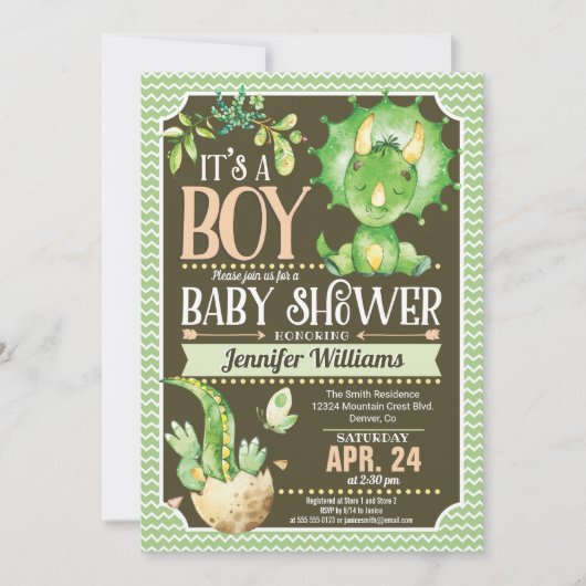 恐竜の赤ちゃんシャワー招待状少年、緑 招待状 (正面)
