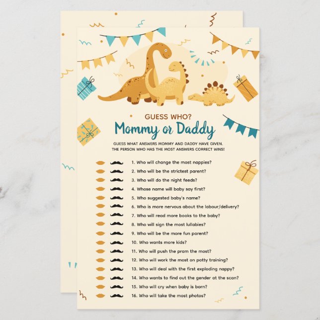 恐竜の赤ちゃんシャワー誰がママまたはパパ (正面/裏面)