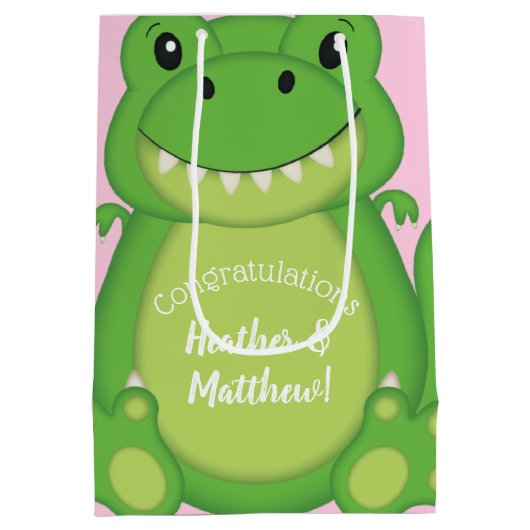 恐竜の赤ちゃんシャワーTレックスピンクの少女 ミディアムペーパーバッグ (裏面)