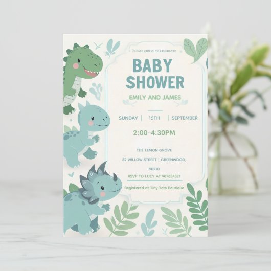 恐竜の赤ちゃん男の子シャワーのための編集可能なカード 招待状 (スタンド正面)