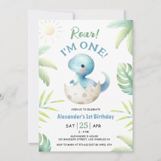 恐竜の轟音かわいい男の子1歳の誕生日招待状 招待状 (正面)