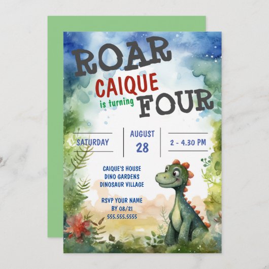 恐竜の轟音が4人の少年4歳の誕生日を迎える 招待状 (正面/裏面)