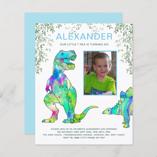 恐竜の轟音の誕生日パーティフォトブルー (正面/裏面)