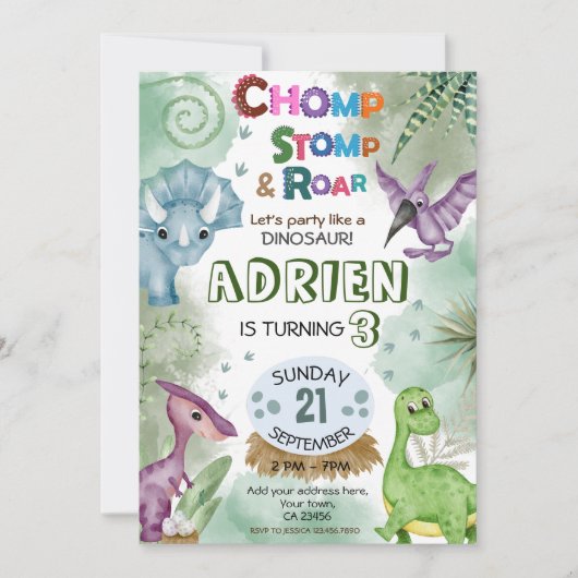 恐竜の轟音の誕生日パーティーの招待状 招待状 (正面)
