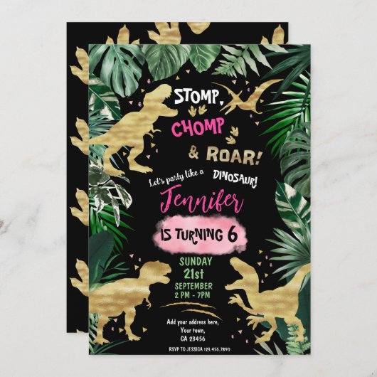 恐竜の轟音の誕生日パーティー 招待状 (正面/裏面)