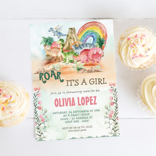 恐竜の轟音ベビーシャワーガールパーティー 招待状