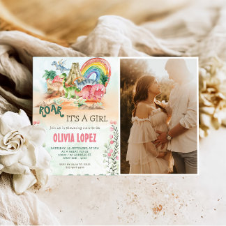 恐竜の轟音ベビーシャワー女の子パーティー写真 招待状