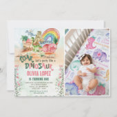 恐竜の轟音1st誕生日パーティーガールフォト 招待状 (正面)