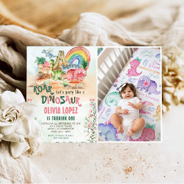 恐竜の轟音1st誕生日パーティーガールフォト 招待状