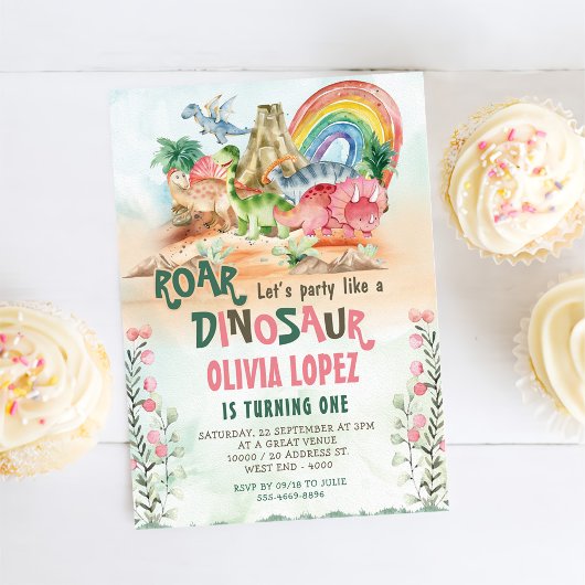 恐竜の轟音1st誕生日パーティーガール 招待状