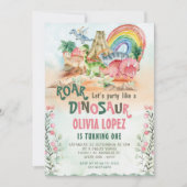恐竜の轟音1st誕生日パーティーガール 招待状 (正面)