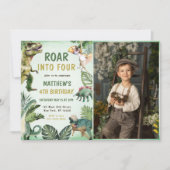 恐竜の轟音4歳の誕生日のパーティー写真 招待状 (正面)