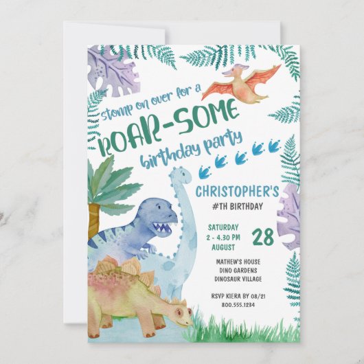 恐竜の轟音 – 誕生日パーティー少年たち任意の年齢 招待状 (正面)