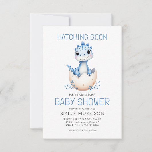 恐竜の青い男の子が孵化する間もなく可愛い赤ちゃんシャワー 招待状 (正面)