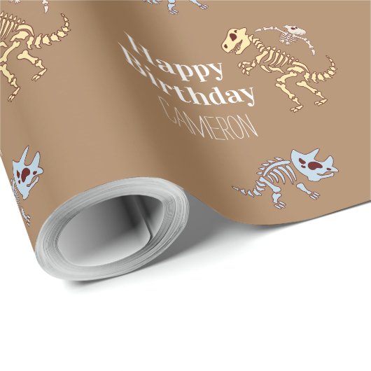 恐竜の骨のイラストレーションと名前をカスタムする ラッピングペーパー (ロールコーナー)