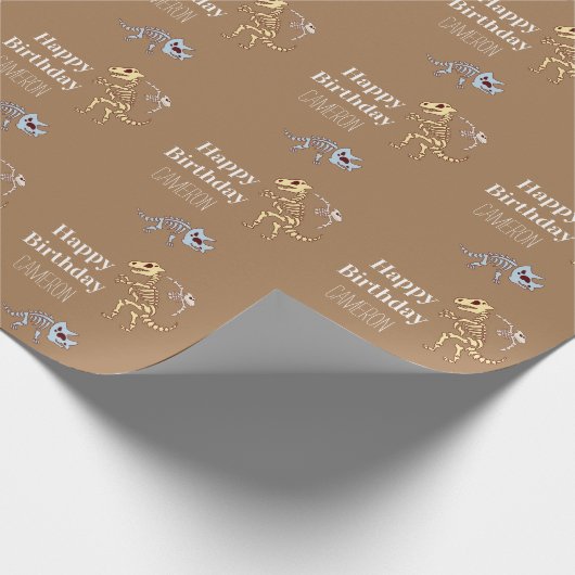 恐竜の骨のイラストレーションと名前をカスタムする ラッピングペーパー (角)