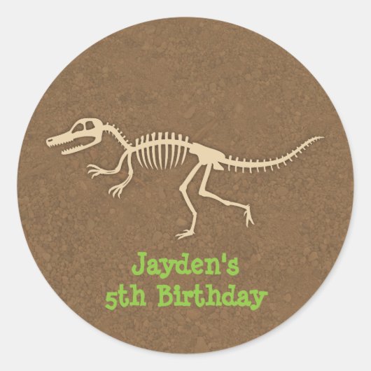 恐竜の骨の子供の誕生日パーティーラベル ラウンドシール (正面)