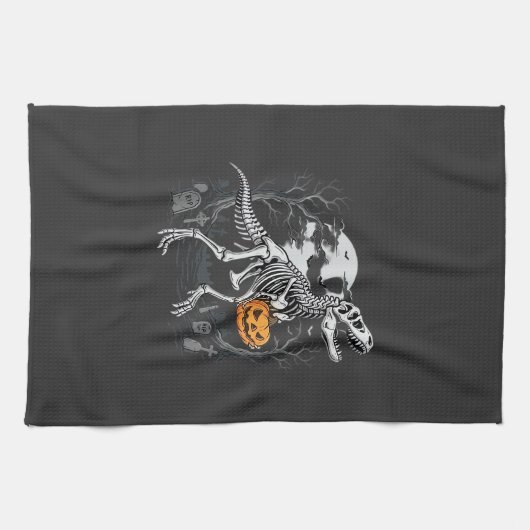 恐竜の骨格ハロウィンカボチャの墓地デザイン キッチンタオル (横)