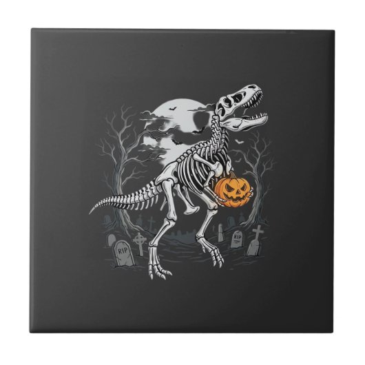 恐竜の骨格ハロウィンカボチャ墓地デザイン タイル (正面)