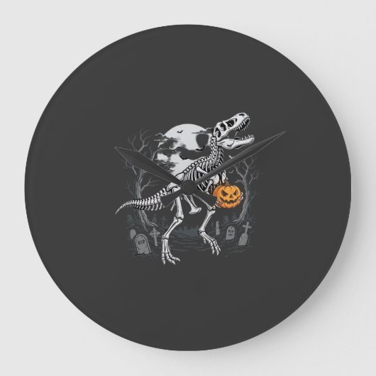 恐竜の骨格ハロウィンカボチャ墓地デザイン ラージ壁時計 (正面)