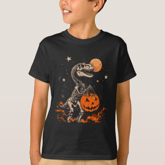 恐竜の骨格怖いカボチャ月ハロウィンボーイ Tシャツ (正面)