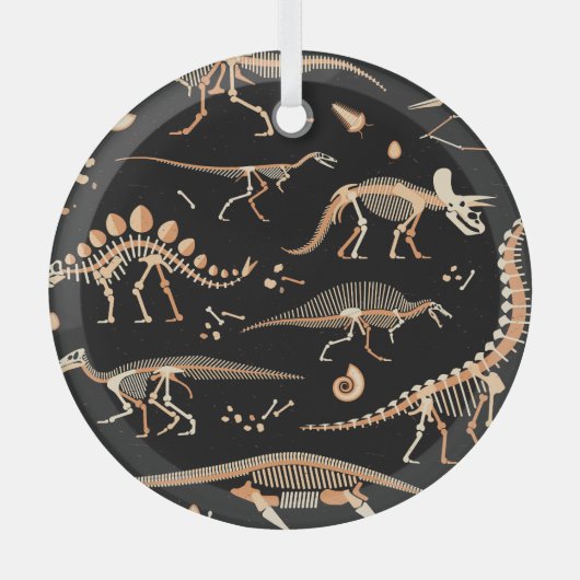 恐竜の骨格、化石、ヴィンテージパターン。 ガラスオーナメント (正面)