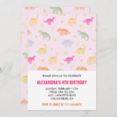 恐竜の４歳の誕生日パーティーの招待状　女の子　ピンク　ジャングル 招待状 (正面/裏面)